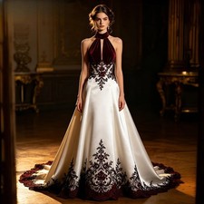 Gothic Wedding Dress Velvet Halter White Satin A Line Bridal Gown Black Burgundy
