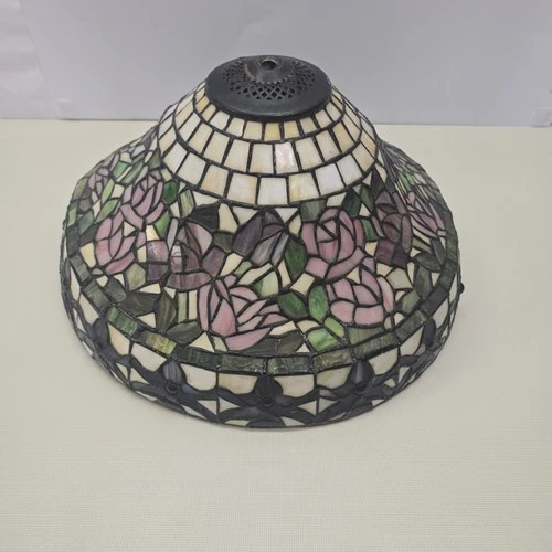 Vintage Tiffany Style Stained Glass Lampshade 16" Pink Rose Floral...