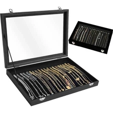 20Hooks Velvet Necklace Organizer Box Necklace Holder Tray with Clear Lid Black