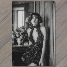 Art Print Woman Leaf Dress Black White Retro Fashion Nature Inspired Elegant Gla