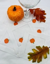Thanksgiving cocktail napkins, embroidered pumpkin. Comes in a set of 6 or 12.