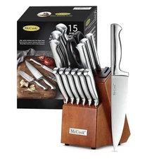 15-Piece Wooden German Stainless Steel Kitchen Knife Set with Block