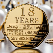 18th Birthday 24ct Gold Commemorative Coin. Gift/Present/Son/Daughter. 18 Years