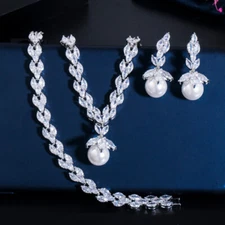 Chic White Gold Plated CZ Leaf Drop Pearl Engagement Jewelry Set for Bridesmaid