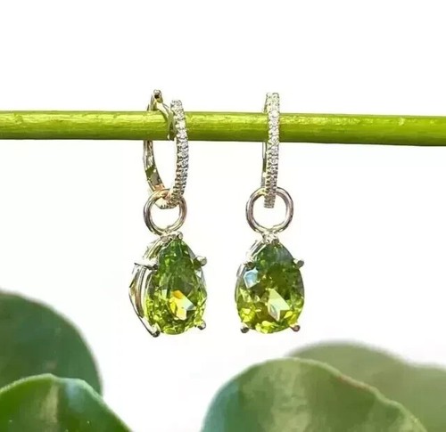 3Ct Pear Cut Lab Created Green Peridot Drop Dangle Earrings 14k Yellow Gold Over - Picture 5 of 5