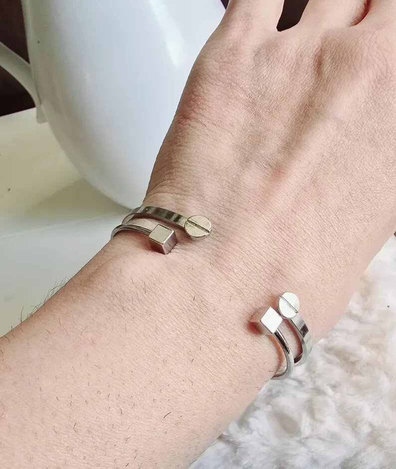 Silver stackable cuff bracelets with geometric pa… - image 1