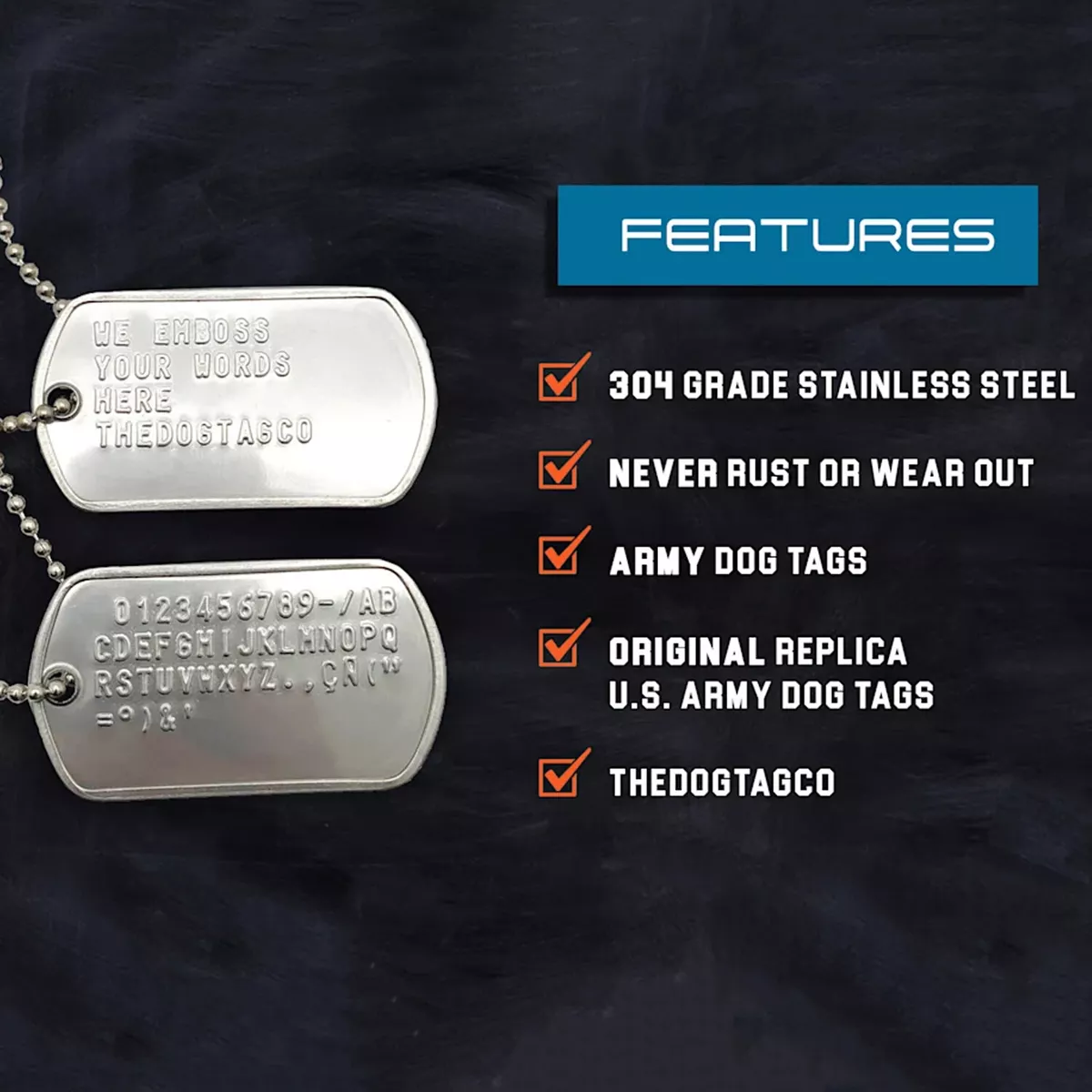 PAIR SET U.S. PERSONALISED STAINLESS STEEL ARMY MILITARY DOG TAGS  -THEDOGTAGCO