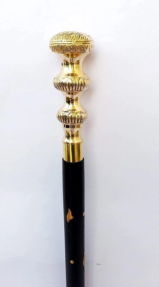 Bastón de madera con incrustación negra vintage mango de perilla de latón victoriano bastón regalo Foto 3 de 4