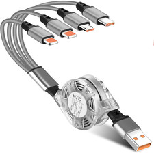 Multi Charger Cable, 4 in 1 USB Charging Cable Retractable Fast Charge with 2 Ip