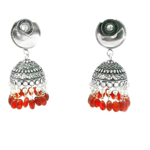 Gehna Jaipur Pearl & Red Onyx Color Stone Jhumki Style Earrings Silver Plated F - Picture 2 of 4