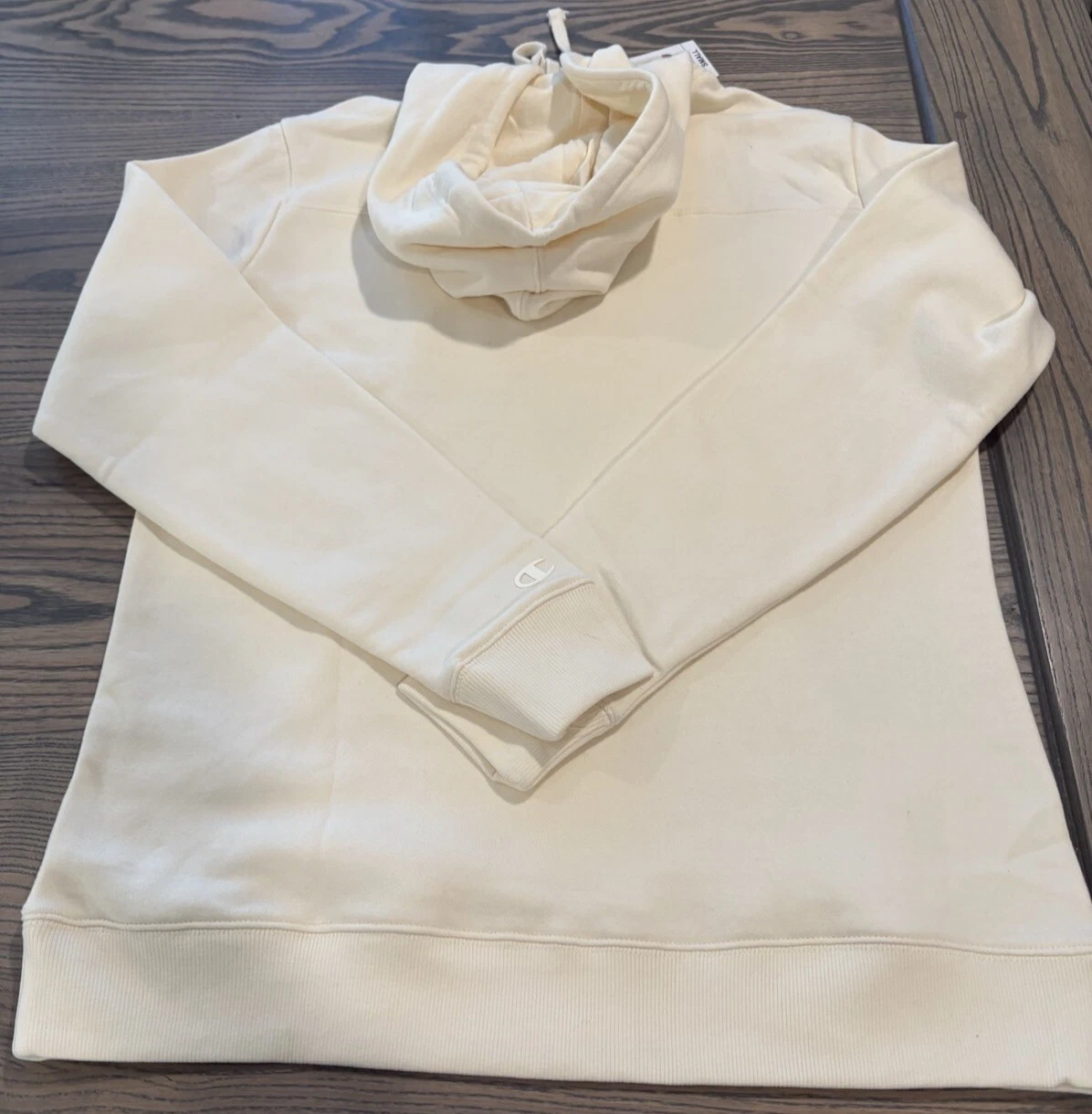 VETEMENTS Felpa Champion Classic pile con cappuccio colore crema chiaro uomo taglia small con tasca frontale nuova con etichetta