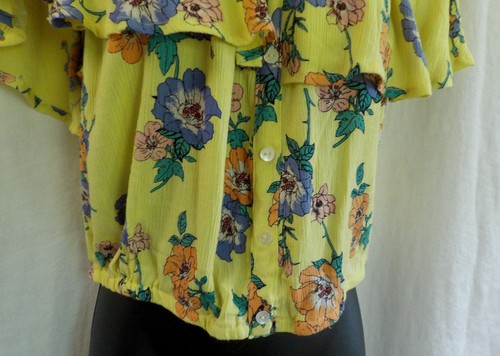 Derek Heart Peasant Crop Top NWOT Yellow Floral Rayon Sleeveless Ruffle Overlay - Picture 3 of 12