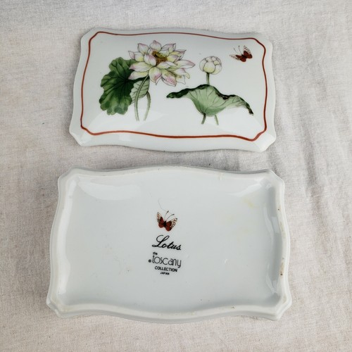 Vintage Lotus Flower Trinket Jewelry Porcelain Box Rectangular Toscany Japan MCM - 第 2/12 張圖片