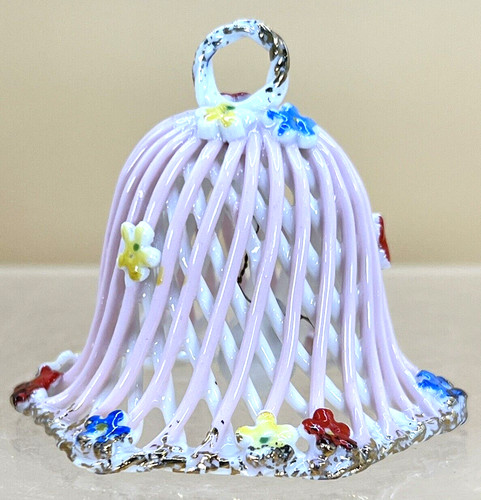 Pink and White Woven Porcelain Bell with flowers and gold gilding