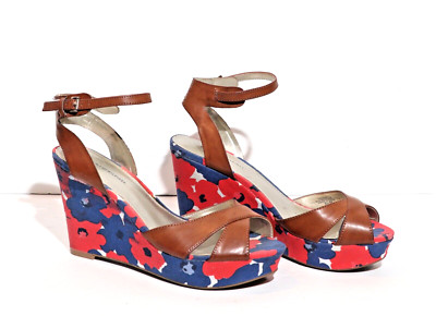 Tommy Hilfiger Wedge Sandals Women 8.5 Red Blue Floral Beach Platform Shoes