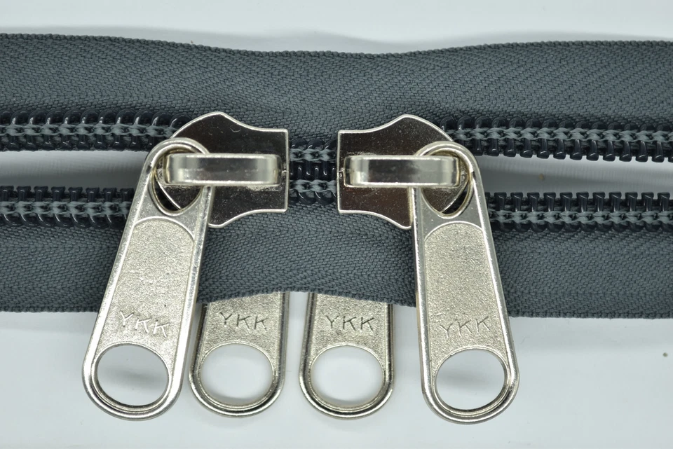 GIM Reißverschluss 10 mm Spirale X-Form dunkel grau 2 silberne doppelgriff Schieber