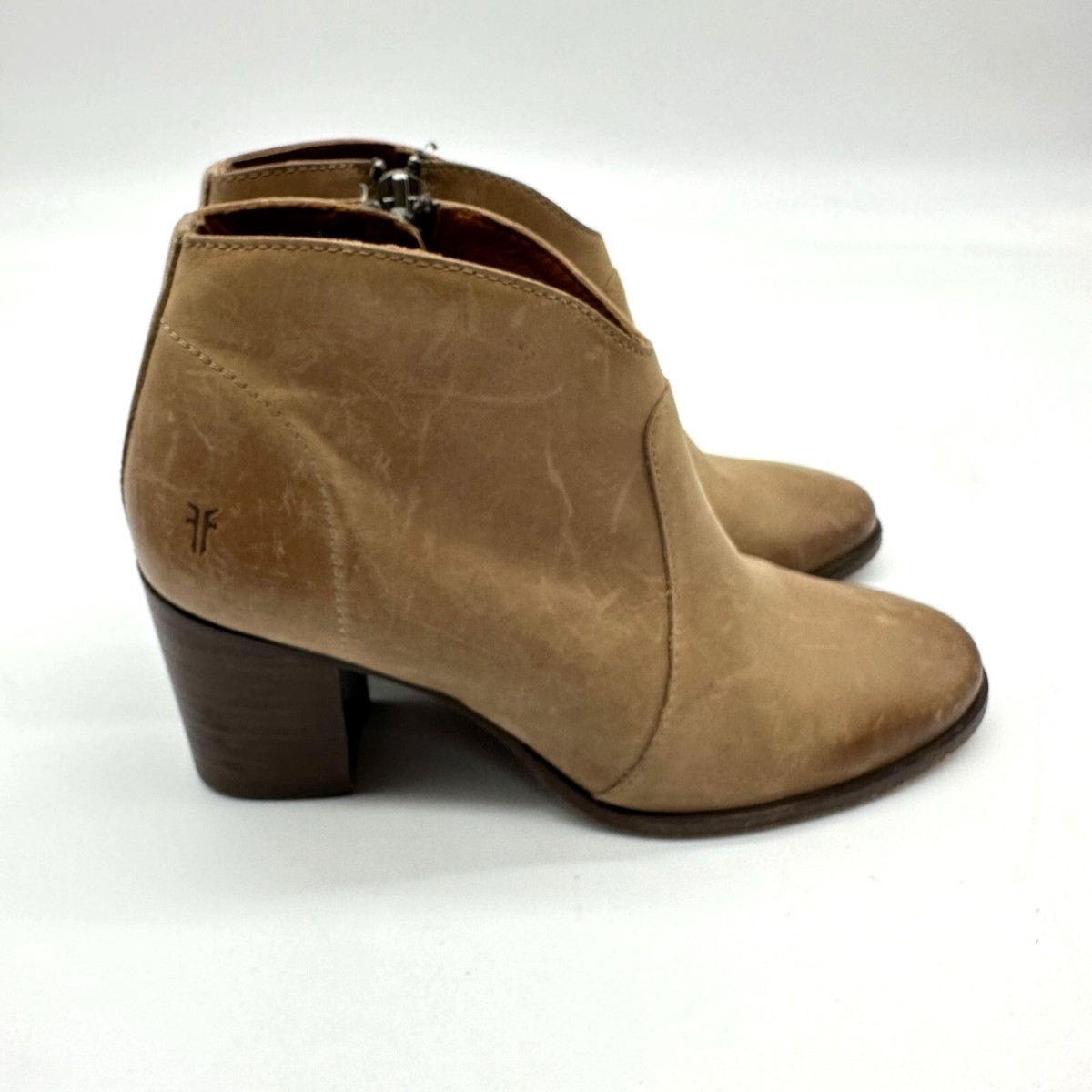 FRYE Ankle Boots Women's Nora Zip Short Leather Block Beige Heel Size B