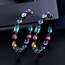 Black Gold Plated Colorful Cubic Zirconia Big Circle Hoop Earrings Women Jewelry