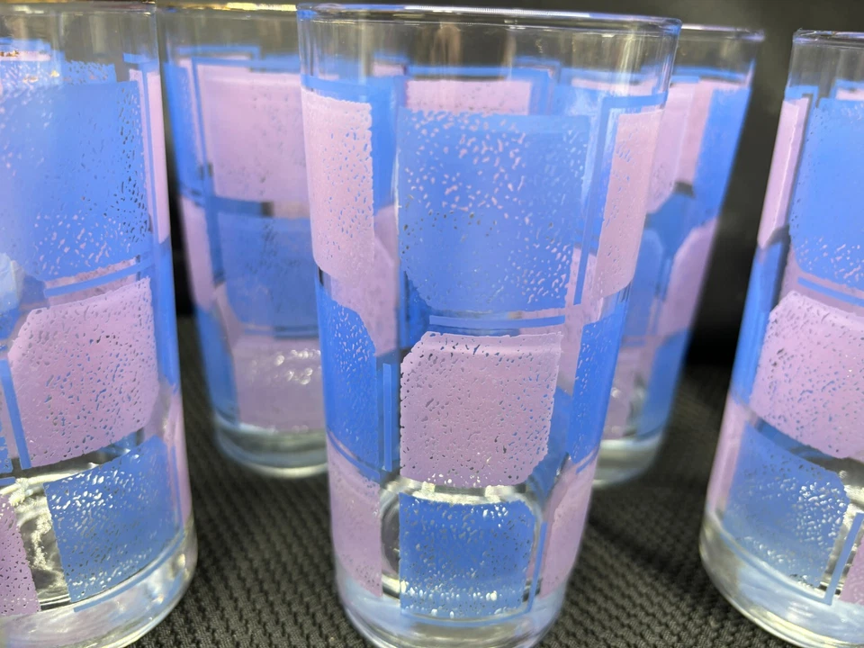 Juego de 7 ~ Vasos de Vidrio Libbey "CUADRADOS AZULES / MORADOS" ~ 5 3/4" de Alto Foto 3 de 4