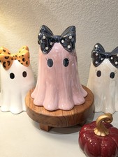 Viral Pink Ghost With Black White Polka Dot Bow Halloween Figurine 9  X 7  NEW