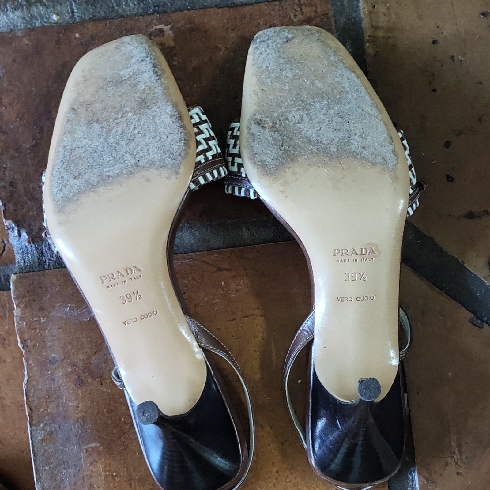 PRADA Geometric Pattern Slingback Brown White Lea… - image 6