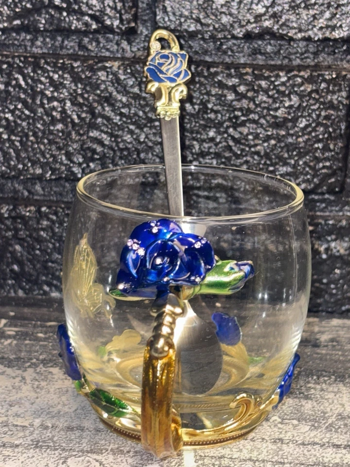 "Taza de té mariposa-flor de vidrio con cuchara esmalte vidrio metal 3,5""T" Foto 3 de 4