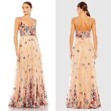 Mac Duggal 681101 Embellished Floral Detail A-Line Gown Size 6 NWT Nude Multi
