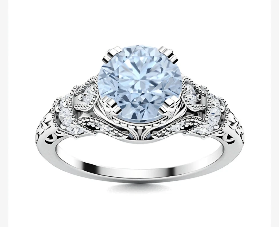 Anillo de compromiso vintage aguamarina de 0,75 quilates de oro blanco de 14 quilates, zafiros blancos Foto 2 de 4