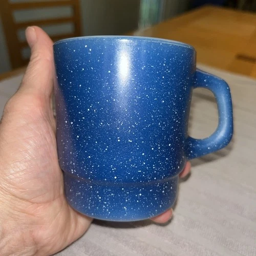 Vtg Fire King Blue White Speckled Mug Anchor Hocking USA Stackable D-Handle
