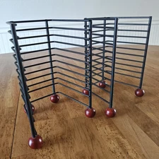 Set of 2 VTG black metal CD holder storage tower with wooden feet 11 slots Y2K