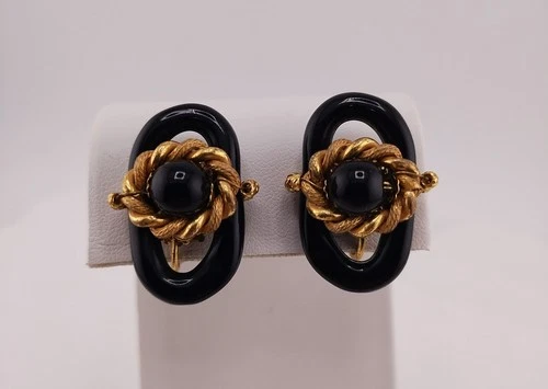 Vintage MIRIAM HASKELL Black & Gold Tone Screw Back Earrings