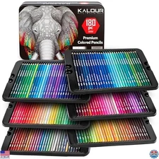 KALOUR 180 Colored Pencil Set - Soft Core, Rich Pigment, 12 Metallic, Tin Case