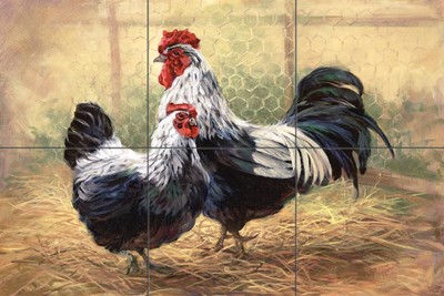 Tile Mural Kitchen Backsplash - Black Rooster and Hen - Farm Animals
