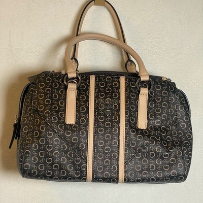 GUESS Signature Logo Satchel Handbag Brown Black Monogram Double Handle Purse