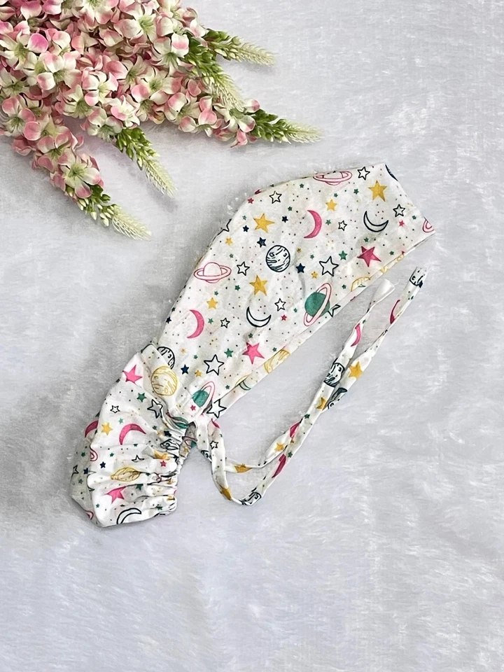 Hats For Women, Galaxy Print Ponytail Scrub Cap: Satin Lined Surgical Hat - Image 3 of 4