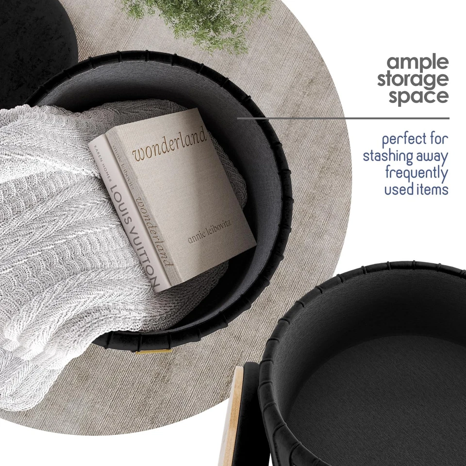 Otomana redonda con almacenamiento, otomana de almacenamiento de terciopelo plisado, taburete de pie otomana... Foto 4 de 4