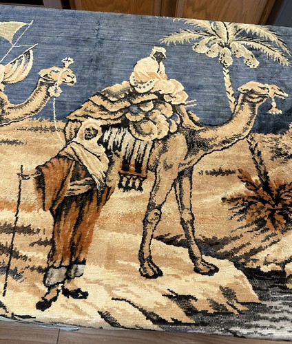 Antique Tapestry Wall Hanging 56X 38" Velour Arabian Travelers Camels Sahara - Picture 2 of 13