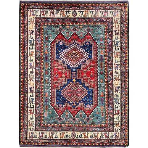 5'1"x6'7" Red Afghan Caucasian Design Revival Hand Knotted Soft Wool Rug R595