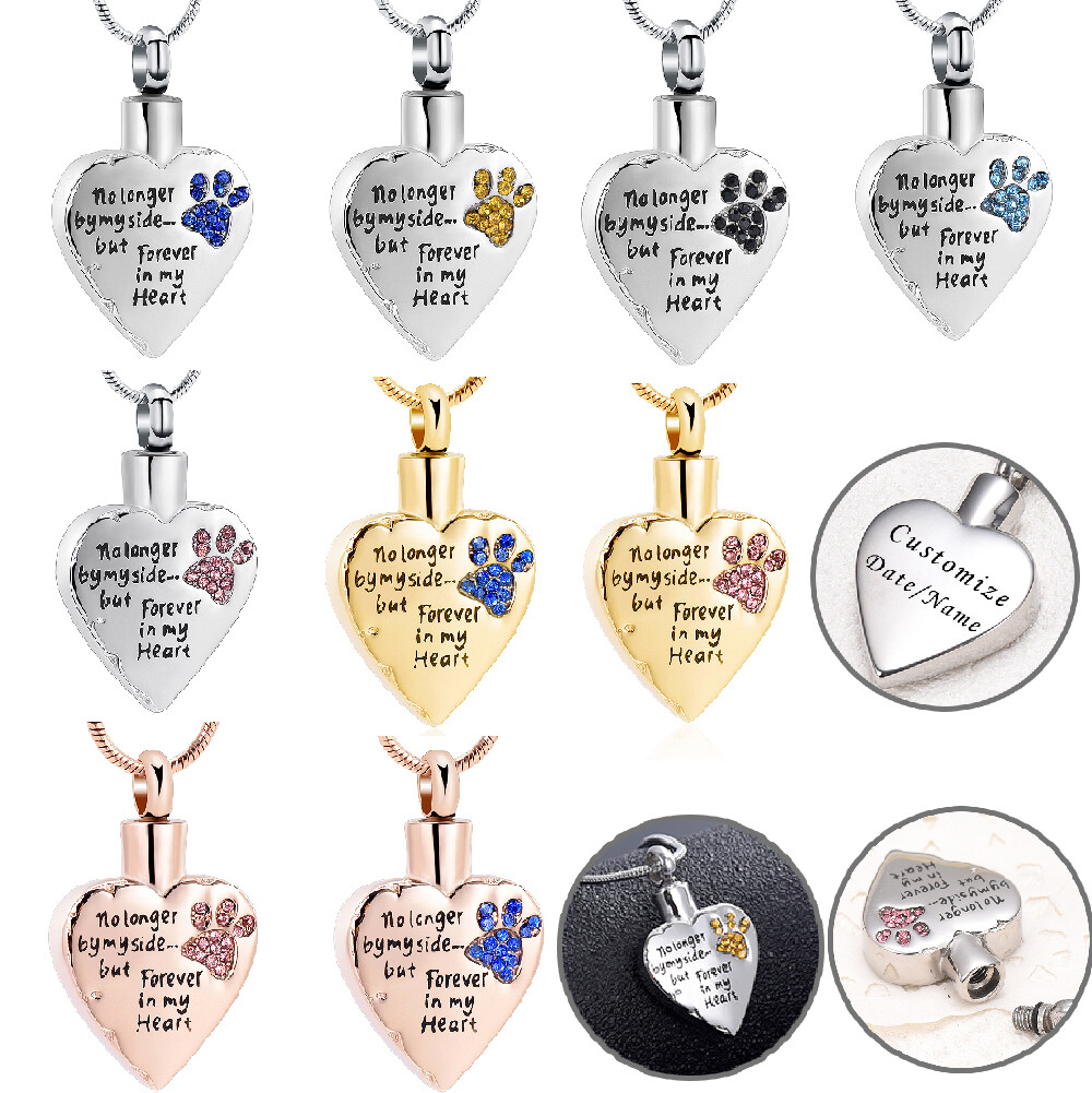 Paw Print Heart Urn Pendant Pet Memorial Necklace for Dog Cat