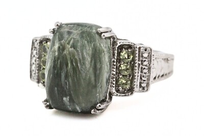Karis STS Signed Rhodium Plate Green Genuine Stone Emerald Cut Cocktail Ring Sz8