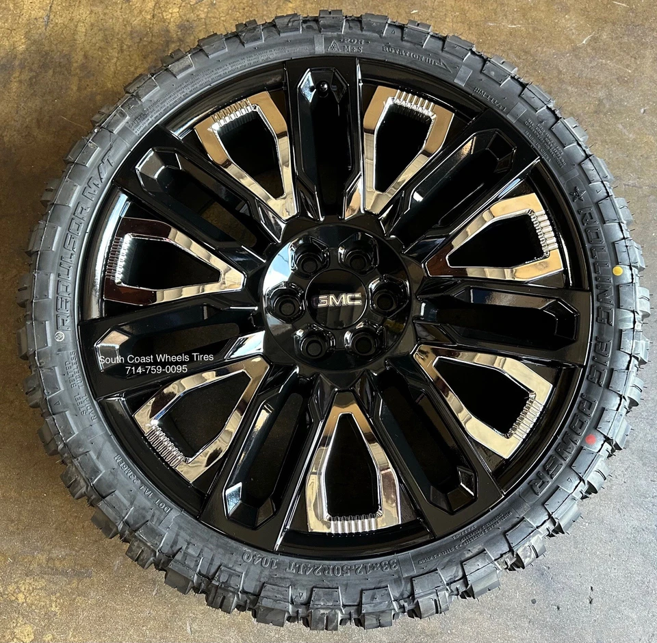 24” BLACK CHROME WHEELS 33” Mud MT TIRES Sierra Yukon Silverado Tahoe Suburban - Image 4 of 4