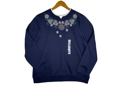 Breckenridge Womens Fleece Crew Neck Sweater Navy Floral beads Size PM Petite 