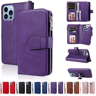For iPhone 16 15 14 13 Pro Leather Wallet Zipper Purse Detachable Phone Cover