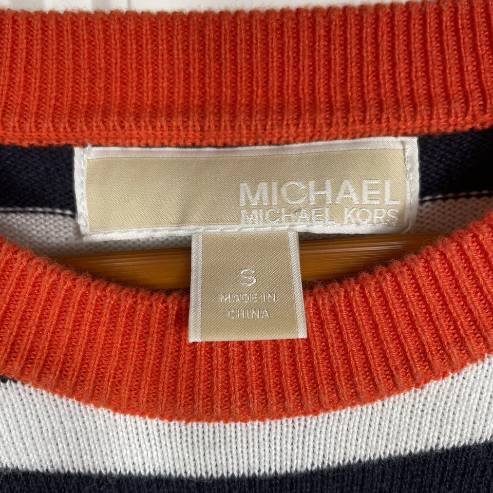 Suéter MICHAEL Michael Kors Mujer S Pequeño Naranja Azul Marino Blanco Rayas Dorado Preppy Foto 3 de 4
