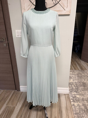 Hobbs London Mint Green Beaded Collar Pleated Midi Dress Size US 4/UK 8, Modest
