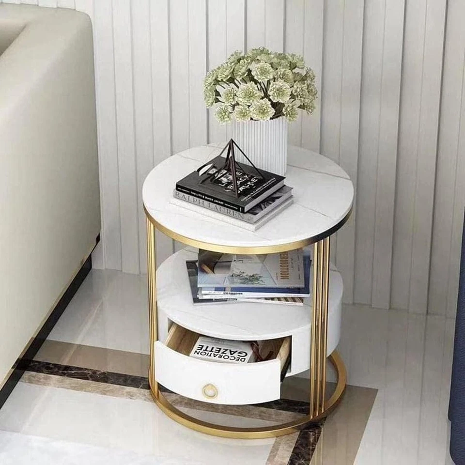 Round Bedside White Gold Table with Drawer Metal & Wooden Bedroom Nightstand - Image 2 of 4