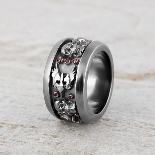 Gothic Ehering Set Totenkopf Ringe His Her passend 1,70TCW Granat Gun Metal Fn - Bild 5 von 12