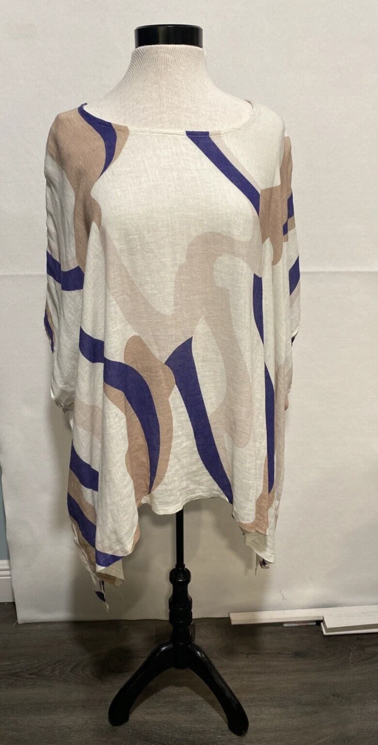 Linen Collection Greece Abstract Swirl Print Poncho Top Blue Tan OS