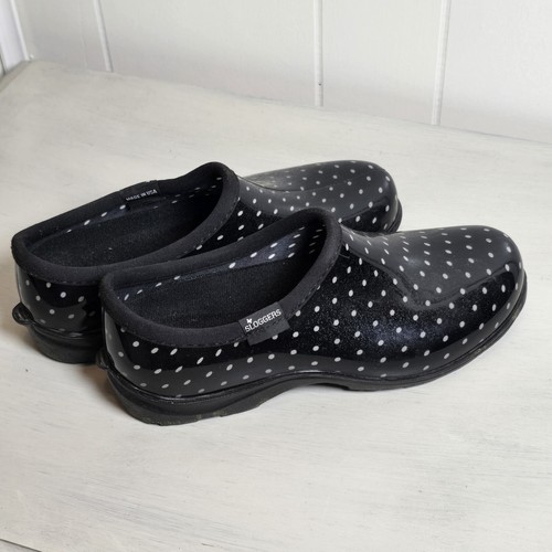 Sloggers Womens Rain Garden Slip On Clogs Black with Polka Dots Size 9 Preowned