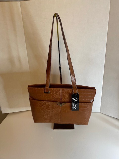 𝅺Bueno Brown Faux Leather Croc Embossed shoulder/tote Bag With gold Accent